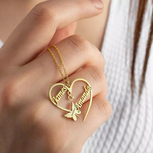 Butterfly Heart Couple Name Necklace